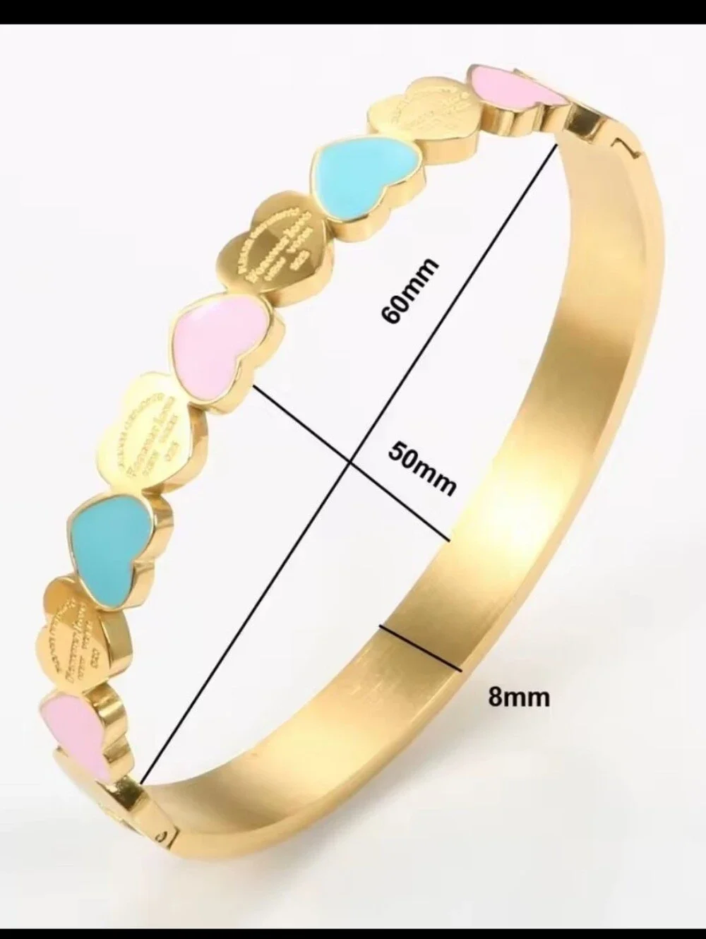 COMING SOON!Heart Accent Stainless Steel Bangle Bracelet - Pink & Turquoise